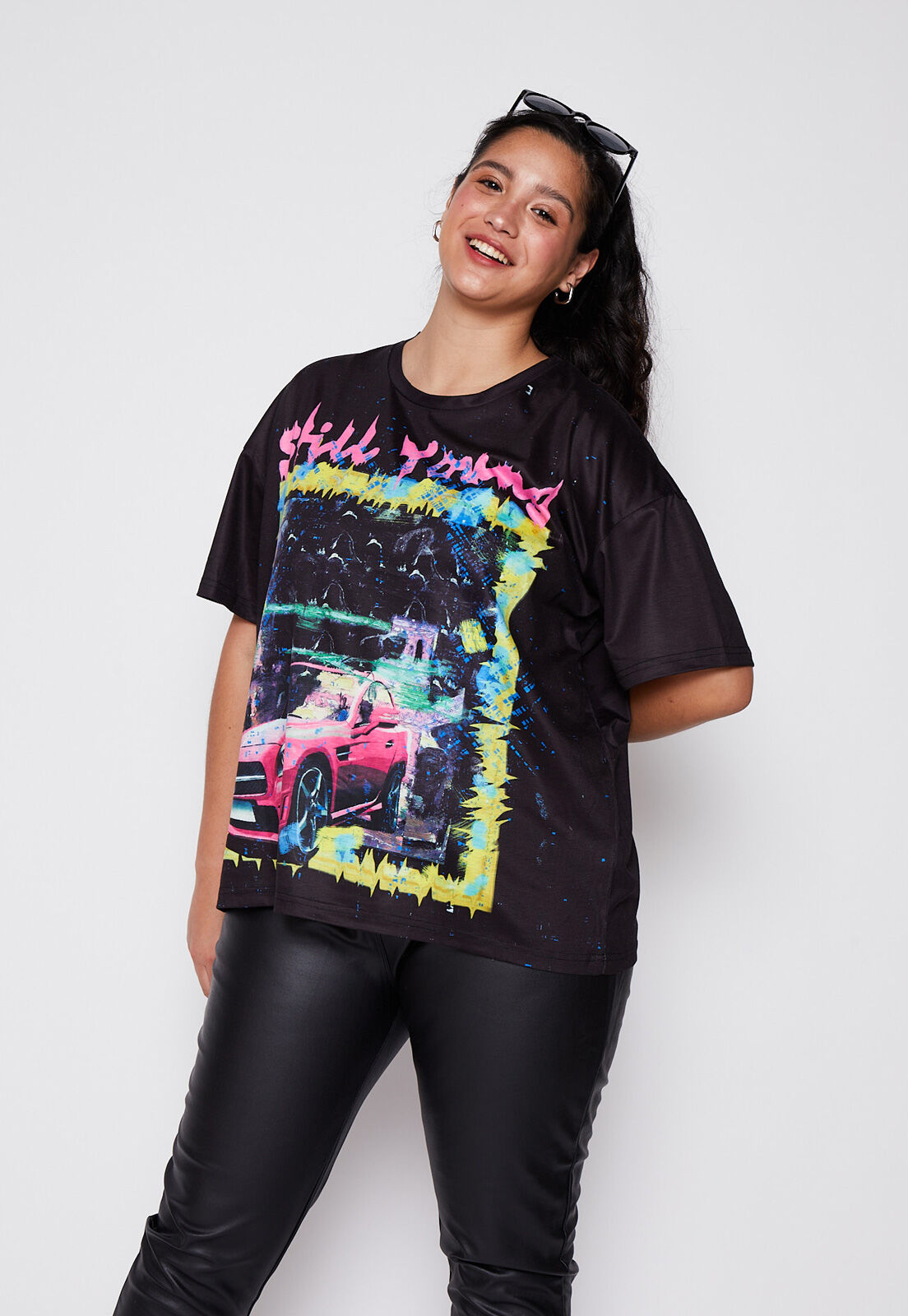 Polera Plus Size Manga Corta Oversize Auto Negro Family Shop