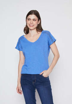 Polera Mujer Azul Encaje Basta Recogido Family Shop