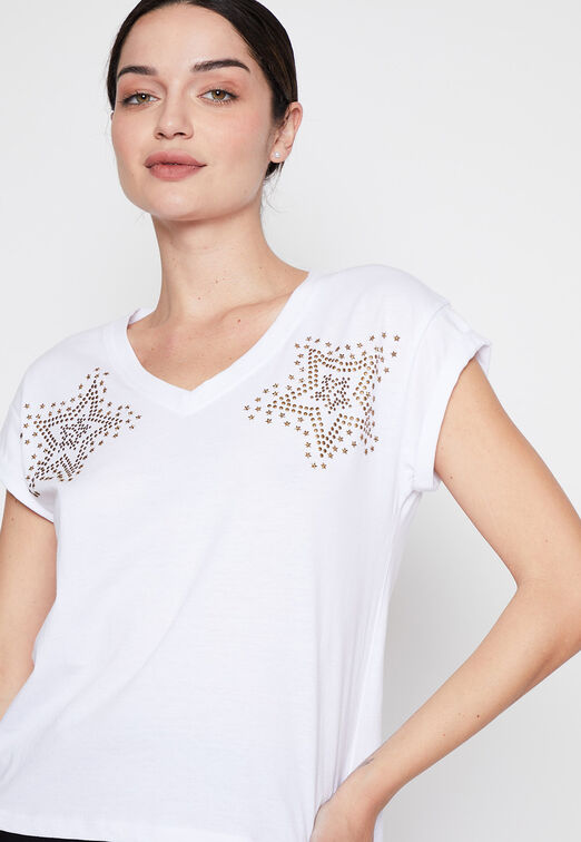 Polera Mujer Blanco Tachas Estrella Family Shop