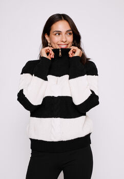Sweater Mujer Negro Rayado Medio Cierre Family Shop