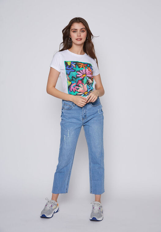 JEANS MUJER RECTO DESTROYED AZUL