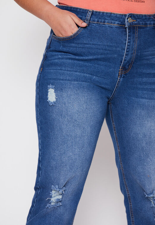 Jeans Straight Plus Size Destroyed Azul Family Shop