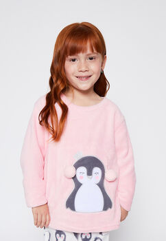 Pijama Polar Aplicacion Pinguino Rosado Family Shop