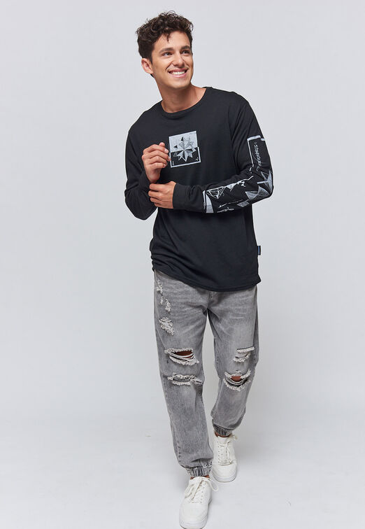 Polera Manga Larga Print Negro Family Shop
