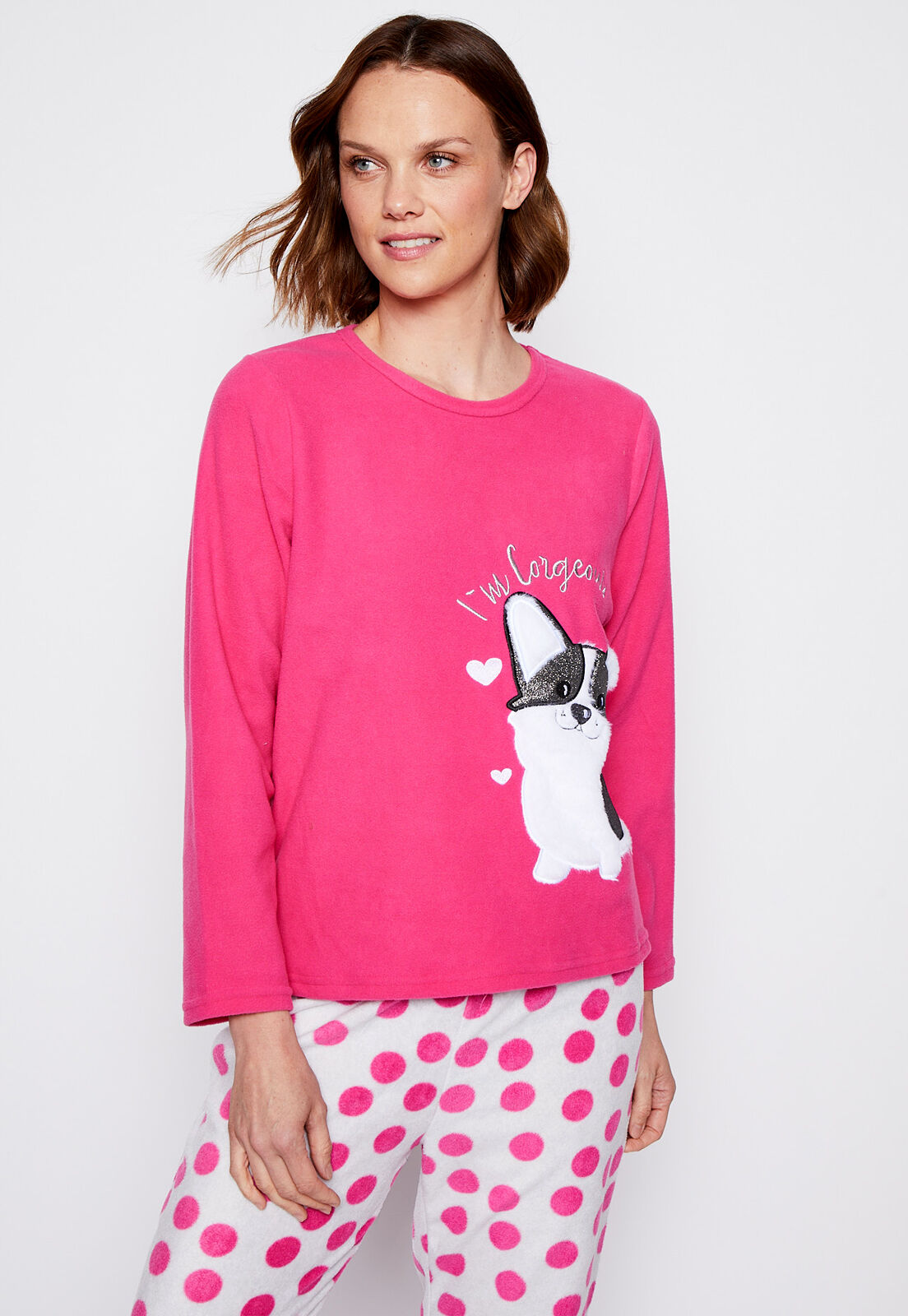 Pijama Polar Bordado Corgi Fucsia Family Shop