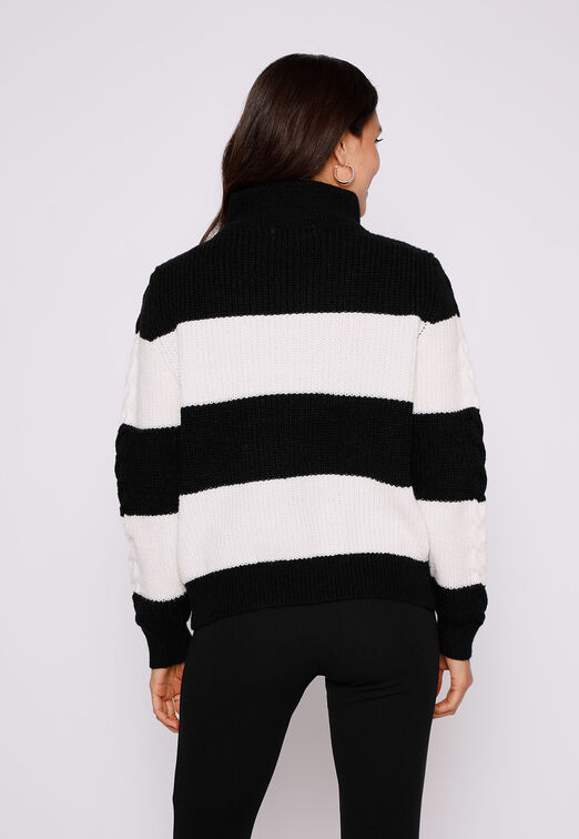 Sweater Mujer Negro Rayado Medio Cierre Family Shop