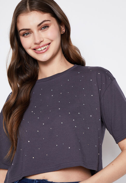 Polera Mujer Gris Crop Strass Family Shop