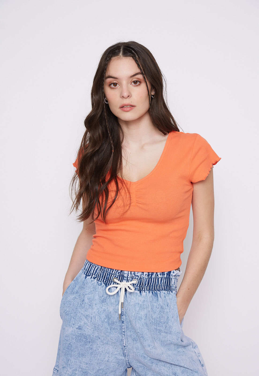 Polera M C Rib Recogido Pecho Coral Family Shop