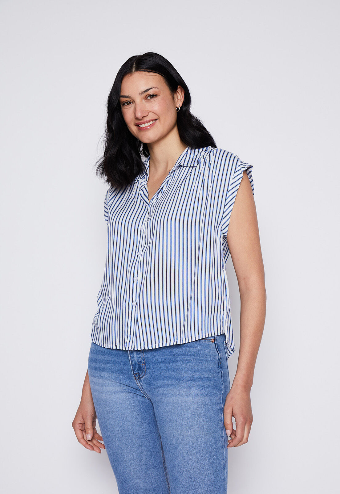 Blusa Manga Corta Rayada Azul Family Shop
