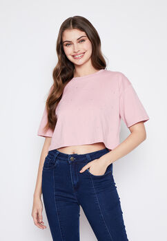 Polera Mujer Rosado Crop Strass Family Shop