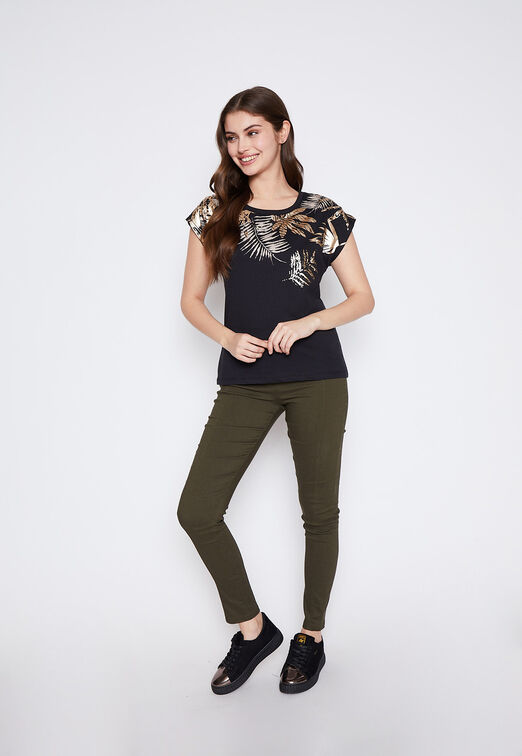 Polera Mujer Negro Hojas Gold Family Shop