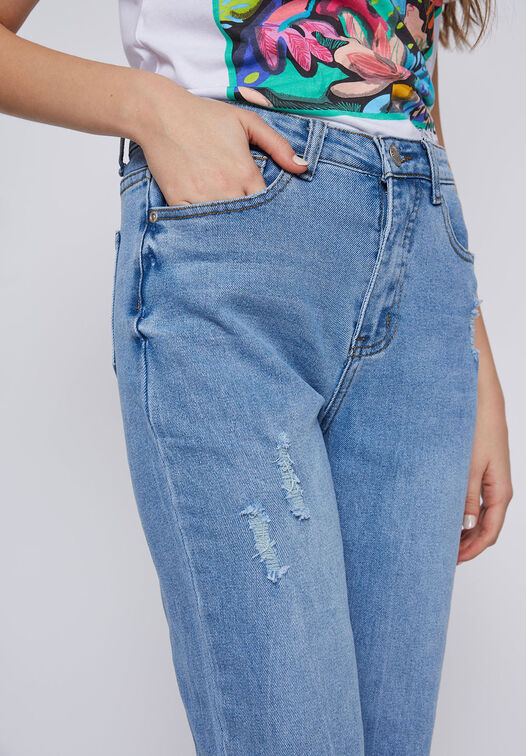 JEANS MUJER RECTO DESTROYED AZUL