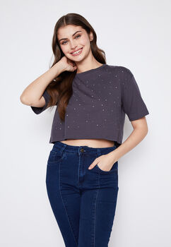 Polera Mujer Gris Crop Strass Family Shop