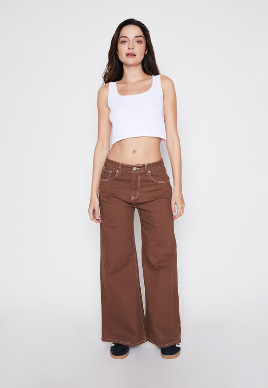 Pantalon Mujer Cafe Wideleg Family Shop