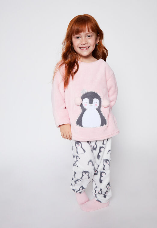 Pijama Polar Aplicacion Pinguino Rosado Family Shop